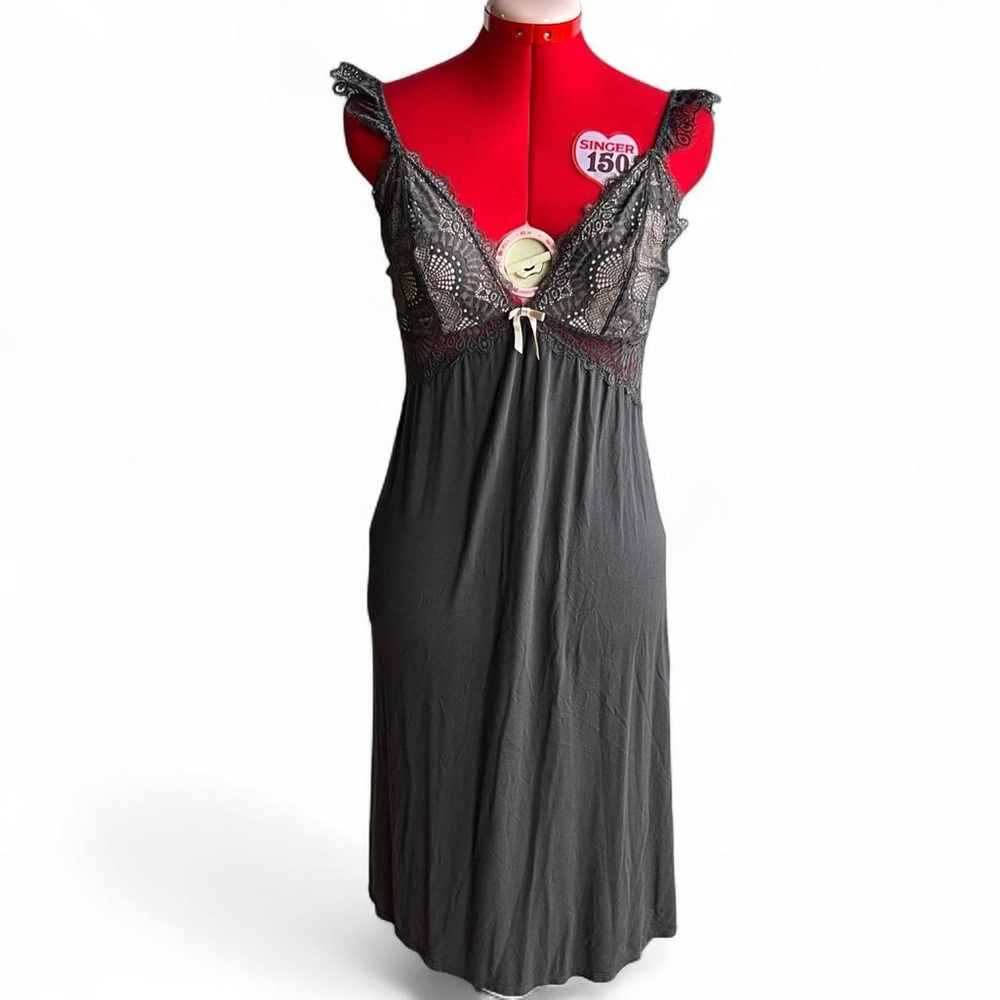 Homebodii‎ Petra Grey Nightgown With Ruffle Lace Adjustable Straps